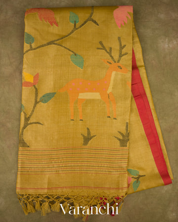 Deep Mustard Yellow Jamdani Pure Tussar Silk Handloom Saree