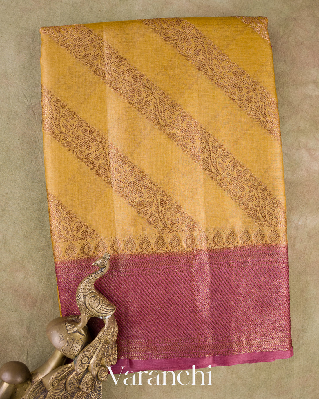 Mustard Yellow Lehariya Pure Tussar Silk Saree