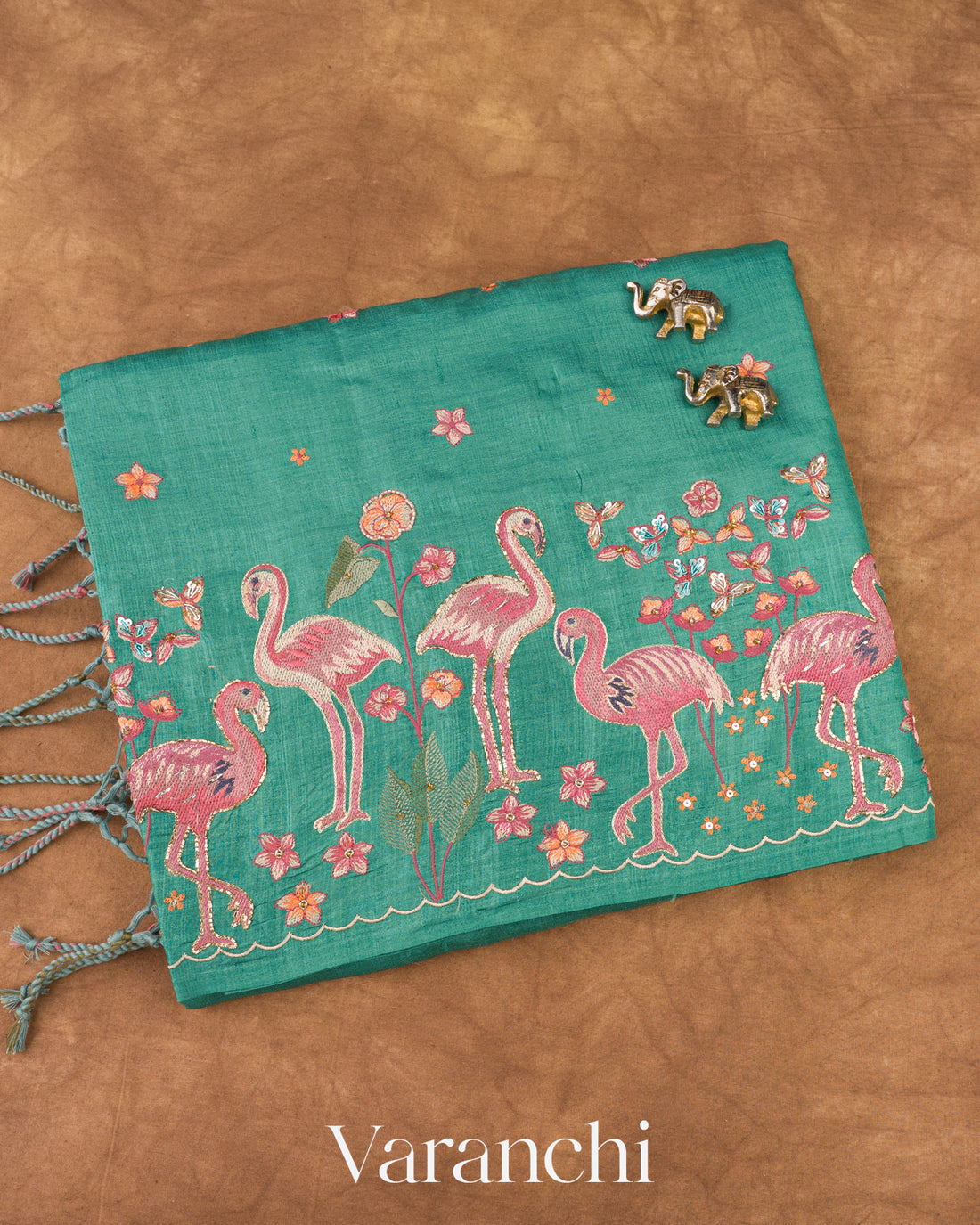 Muted Teal Green Embroidered Pure Tussar Silk Saree