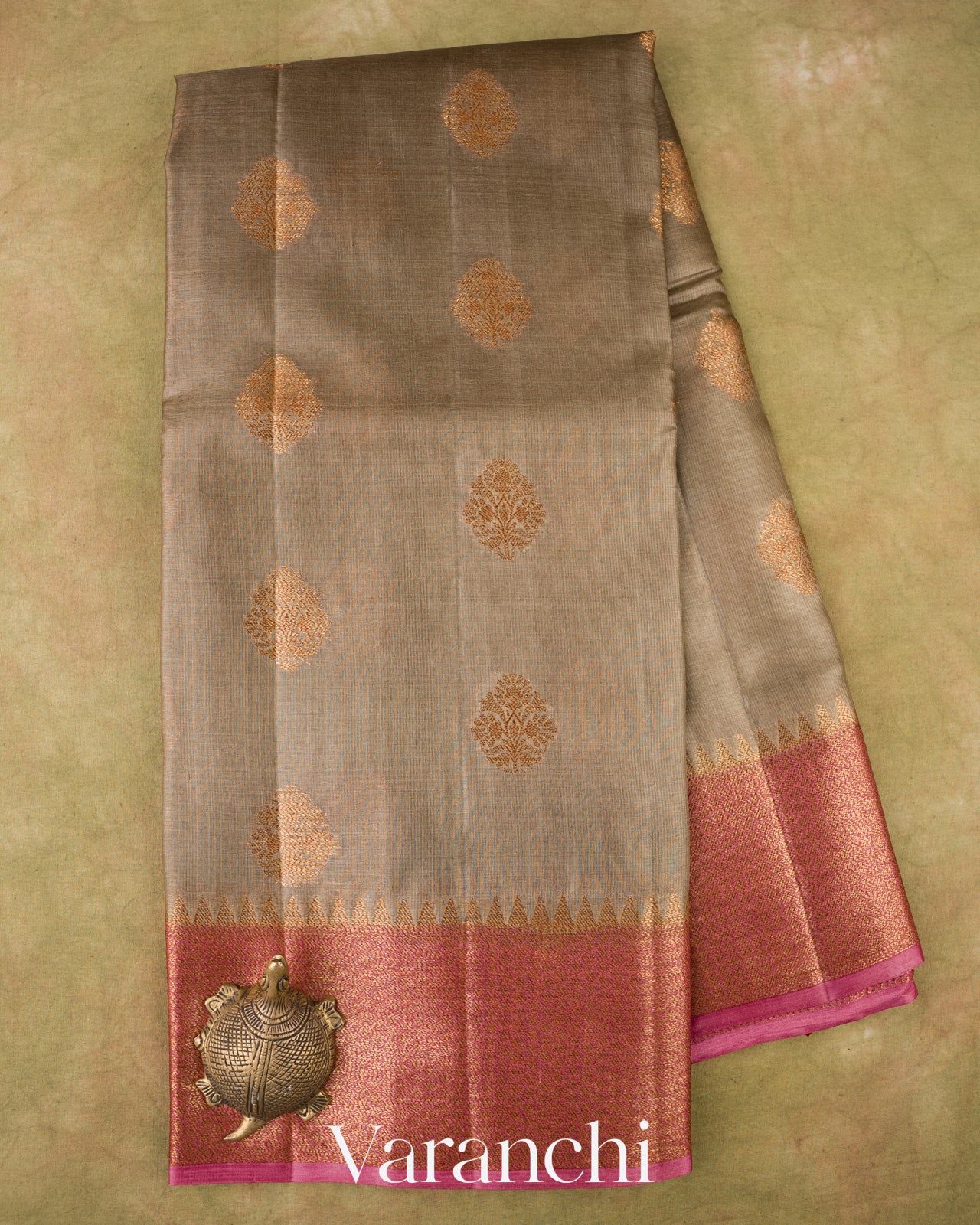 Muted Olive Grey Pure Tussar Silk Saree