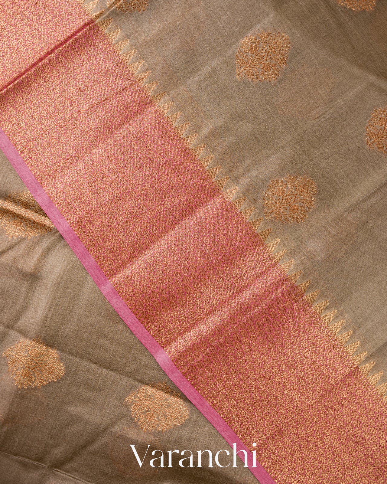 Muted Olive Grey Pure Tussar Silk Saree