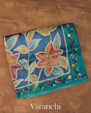 Navy Blue and Deep Teal Kalamkari Printed Pure Tussar Silk Handloom Saree 