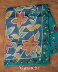 Navy Blue and Deep Teal Kalamkari Printed Pure Tussar Silk Handloom Saree 