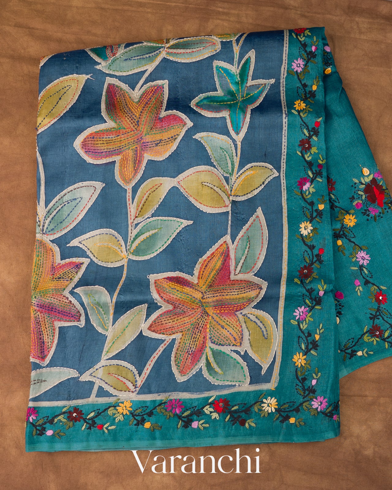 Navy Blue and Deep Teal Kalamkari Printed Pure Tussar Silk Handloom Saree 