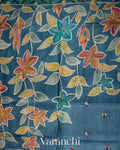 Navy Blue and Deep Teal Kalamkari Printed Pure Tussar Silk Handloom Saree 