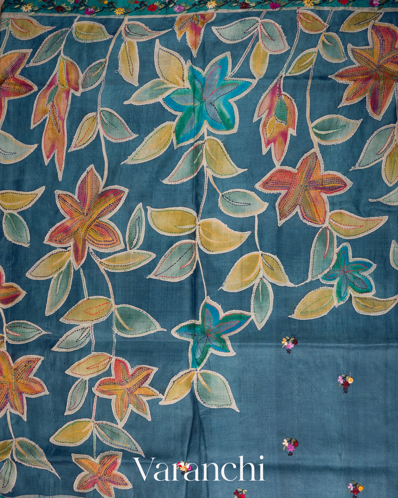 Navy Blue and Deep Teal Kalamkari Printed Pure Tussar Silk Handloom Saree 