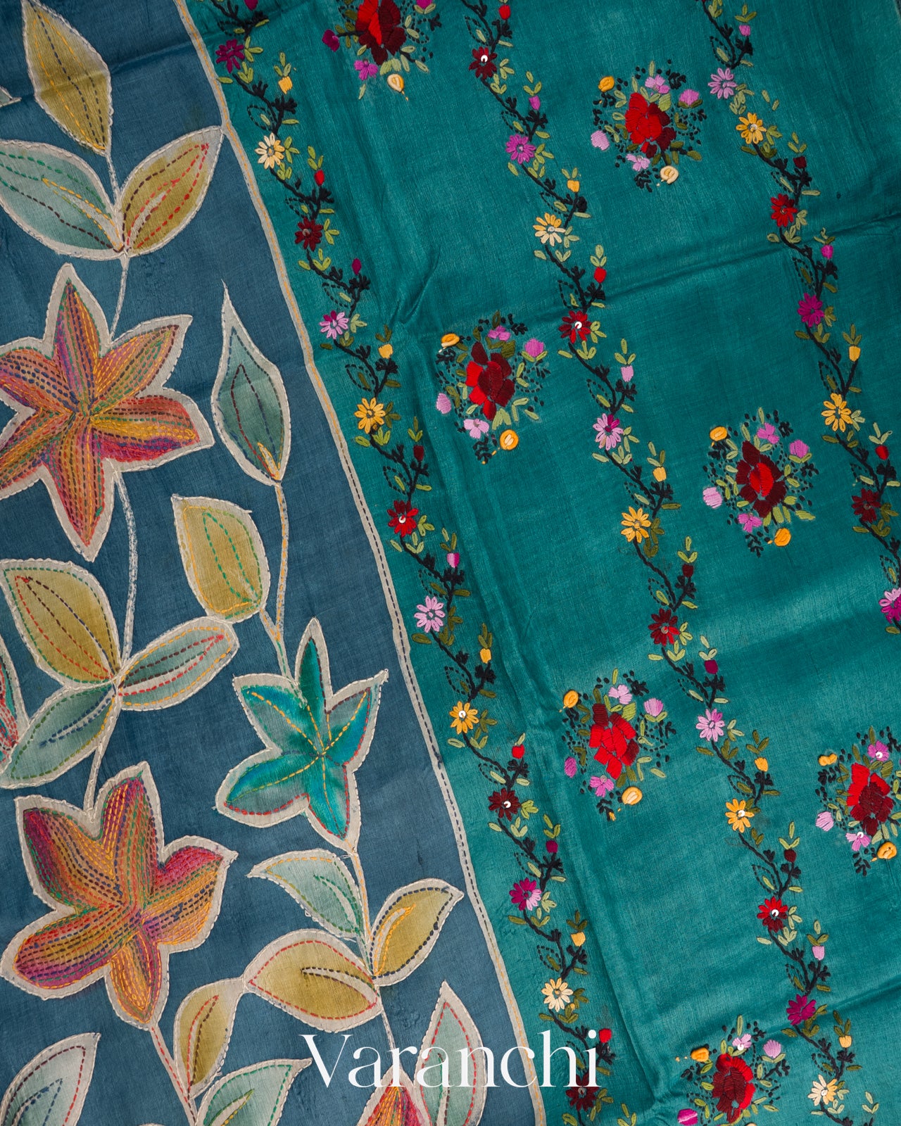 Navy Blue and Deep Teal Kalamkari Printed Pure Tussar Silk Handloom Saree 