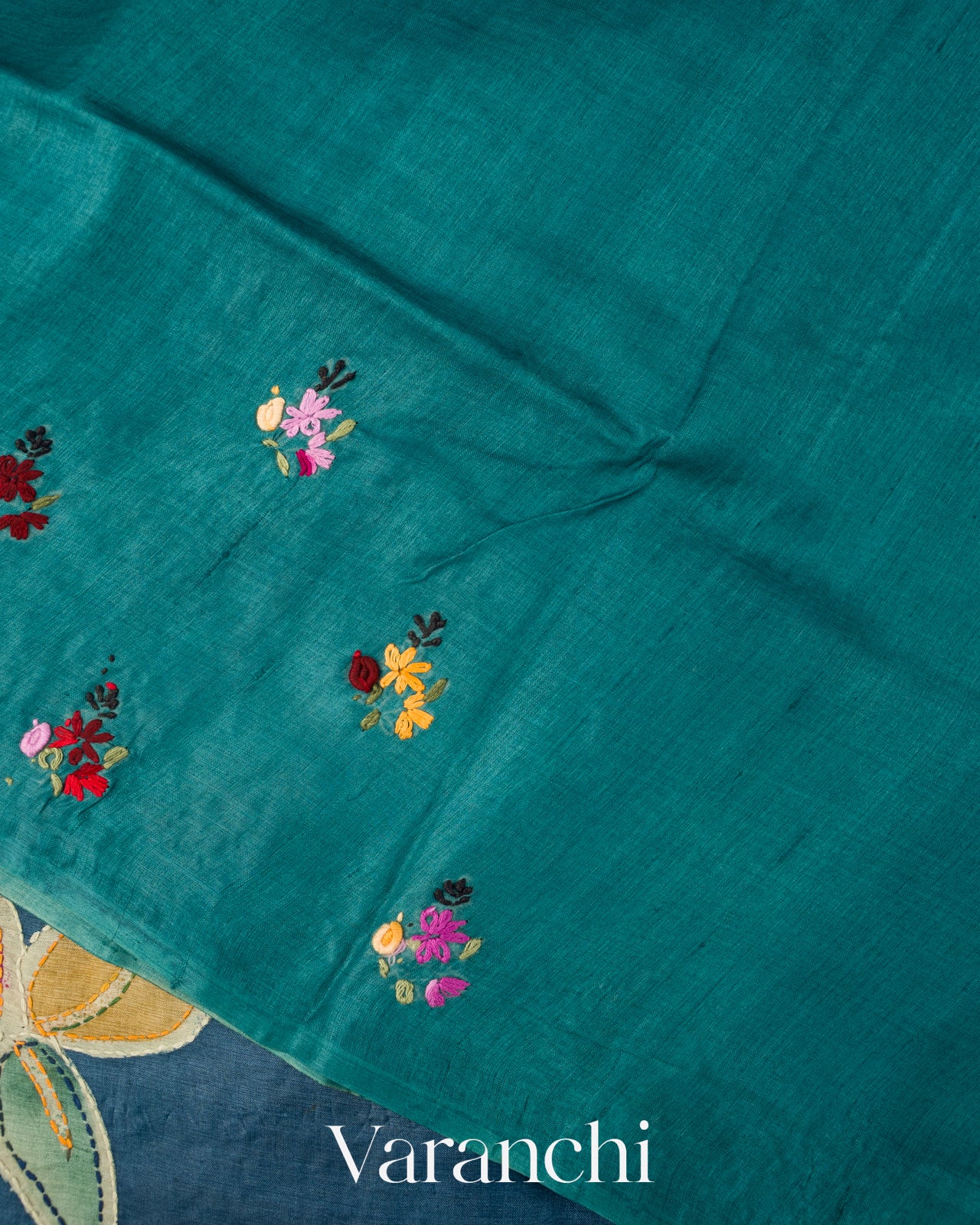 Navy Blue and Deep Teal Kalamkari Printed Pure Tussar Silk Handloom Saree 