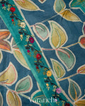 Navy Blue and Deep Teal Kalamkari Printed Pure Tussar Silk Handloom Saree 