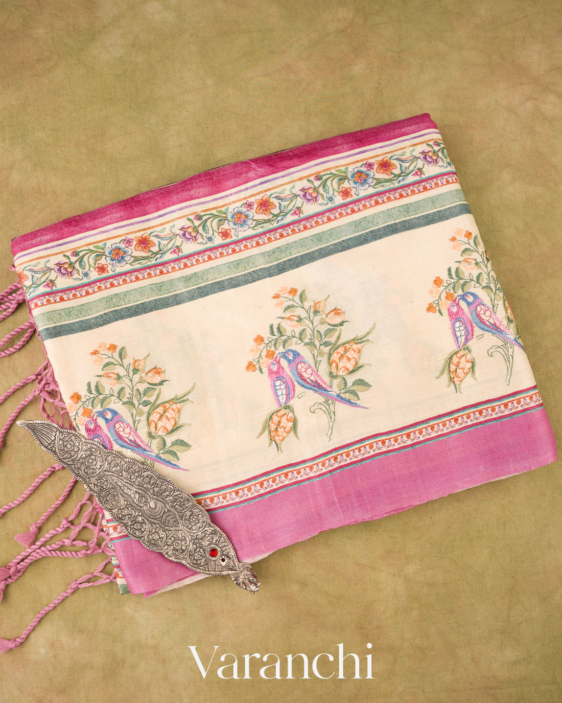 Cream Stripes and Floral Embroidered Pure Tussar Silk Saree