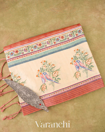 Cream Lehariya and Floral Embroidered Pure Tussar Silk Saree