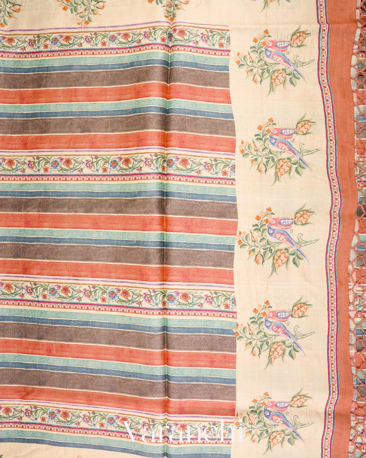 Cream Lehariya and Floral Embroidered Pure Tussar Silk Saree