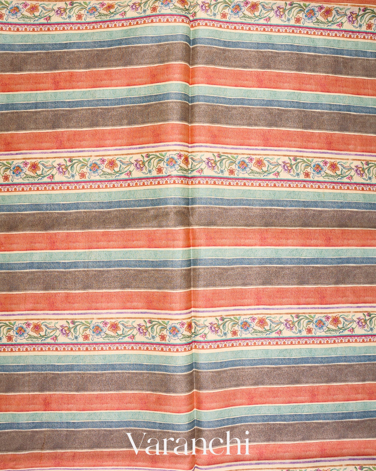 Cream Lehariya and Floral Embroidered Pure Tussar Silk Saree