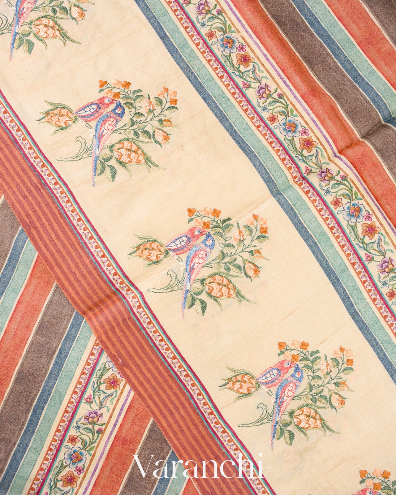 Cream Lehariya and Floral Embroidered Pure Tussar Silk Saree