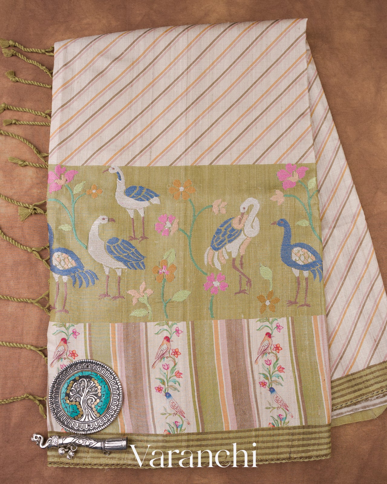 Off-White Embroidered Pure Tussar Silk Saree 