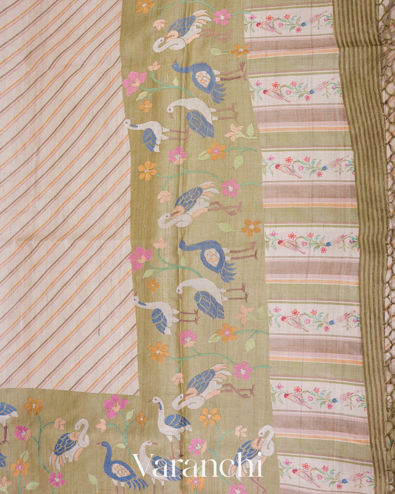 Off-White Embroidered Pure Tussar Silk Saree 