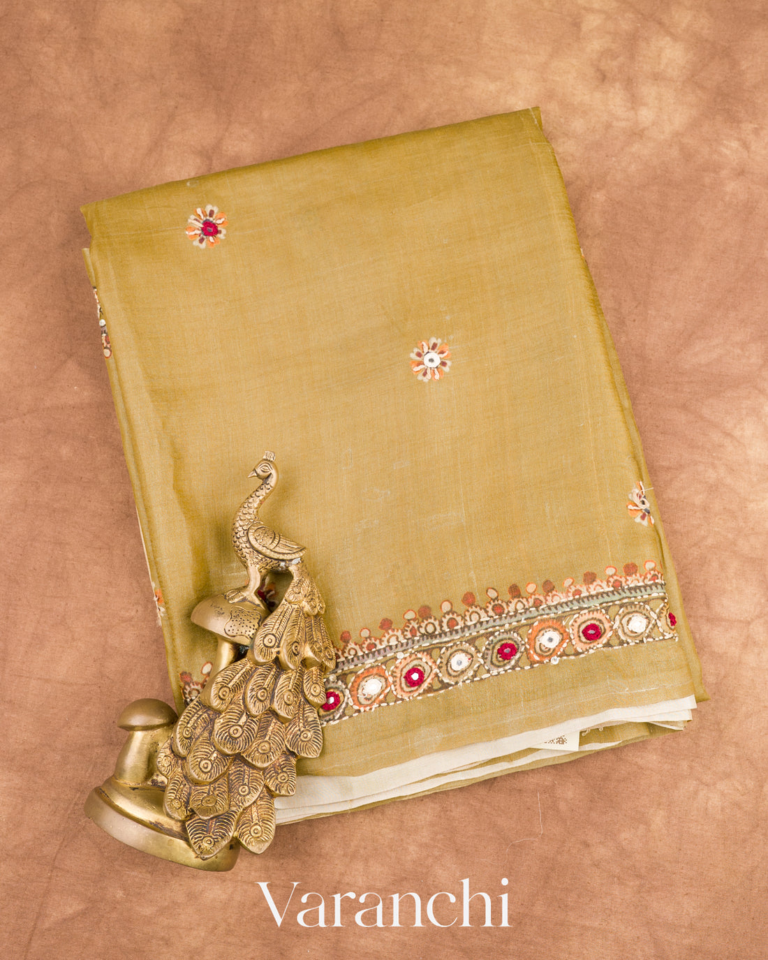 Olive Yellow Mirror and Hand Katha Embroidered Pure Tussar Silk Handloom Saree