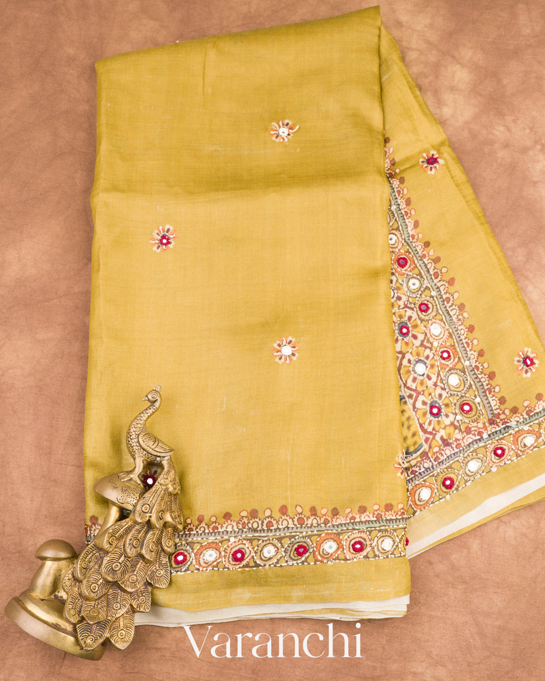 Olive Yellow Mirror and Hand Katha Embroidered Pure Tussar Silk Handloom Saree