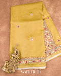 Olive Yellow Mirror and Hand Katha Embroidered Pure Tussar Silk Handloom Saree