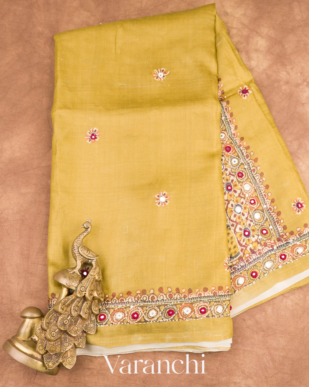 Olive Yellow Mirror and Hand Katha Embroidered Pure Tussar Silk Handloom Saree