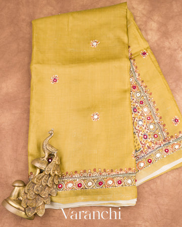 Olive Yellow Mirror and Hand Katha Embroidered Pure Tussar Silk Handloom Saree