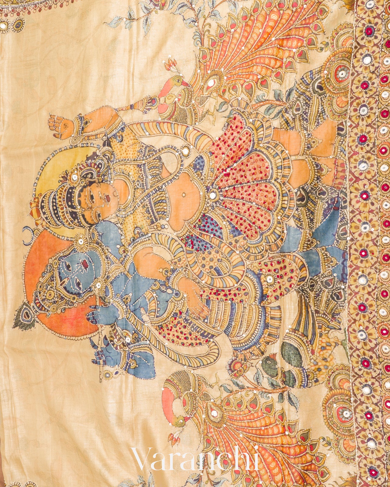 Olive Yellow Mirror and Hand Katha Embroidered Pure Tussar Silk Handloom Saree