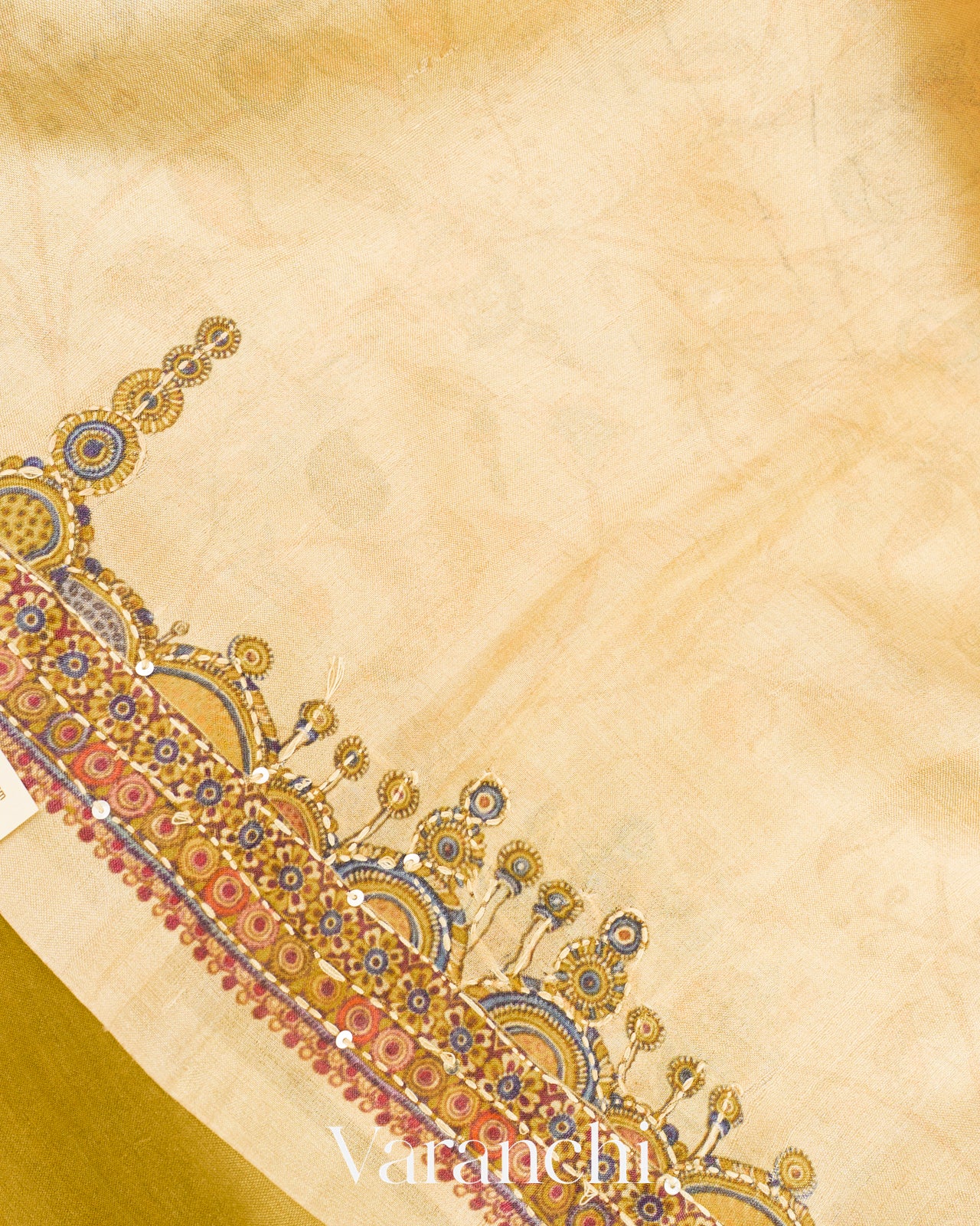 Olive Yellow Mirror and Hand Katha Embroidered Pure Tussar Silk Handloom Saree
