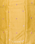 Olive Yellow Mirror and Hand Katha Embroidered Pure Tussar Silk Handloom Saree
