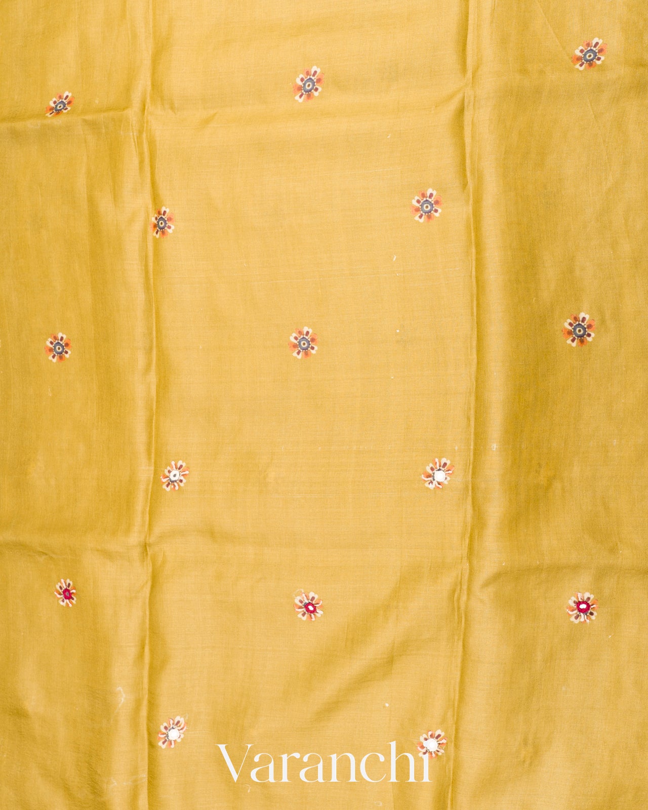 Olive Yellow Mirror and Hand Katha Embroidered Pure Tussar Silk Handloom Saree