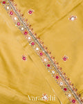 Olive Yellow Mirror and Hand Katha Embroidered Pure Tussar Silk Handloom Saree