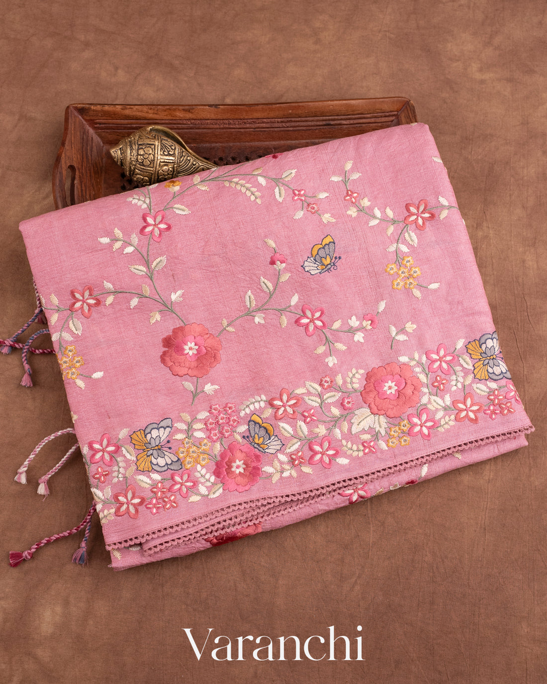 Pink All-Over Embroidered Pure Tussar Silk Saree