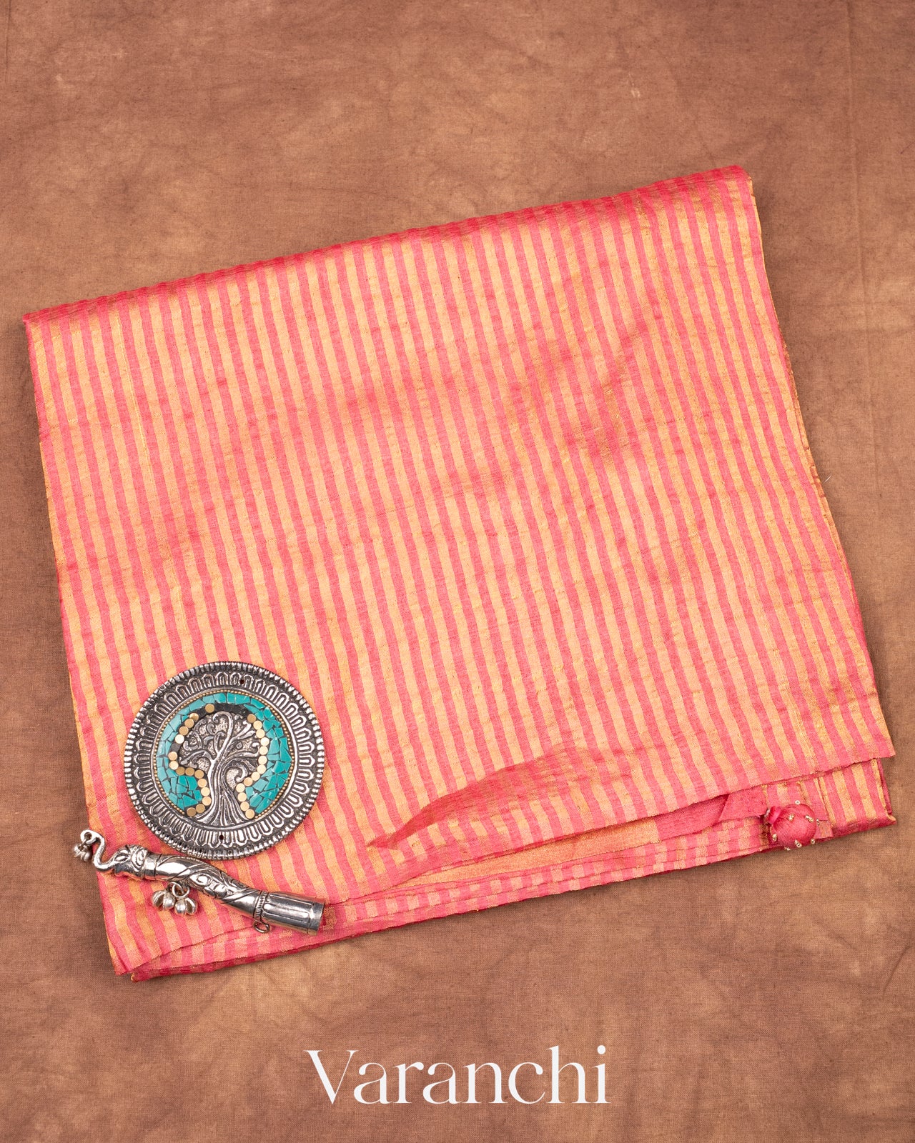 Rose Pink Pure Tussar Silk with Tissue Stripes Handloom Saree