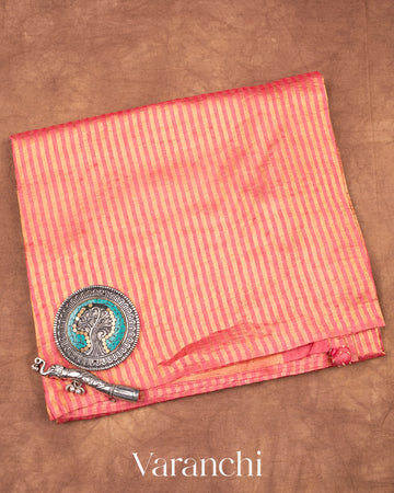 Rose Pink Pure Tussar Silk with Tissue Stripes Handloom Saree