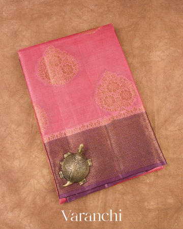 Coral Pink Pure Tussar Silk Saree