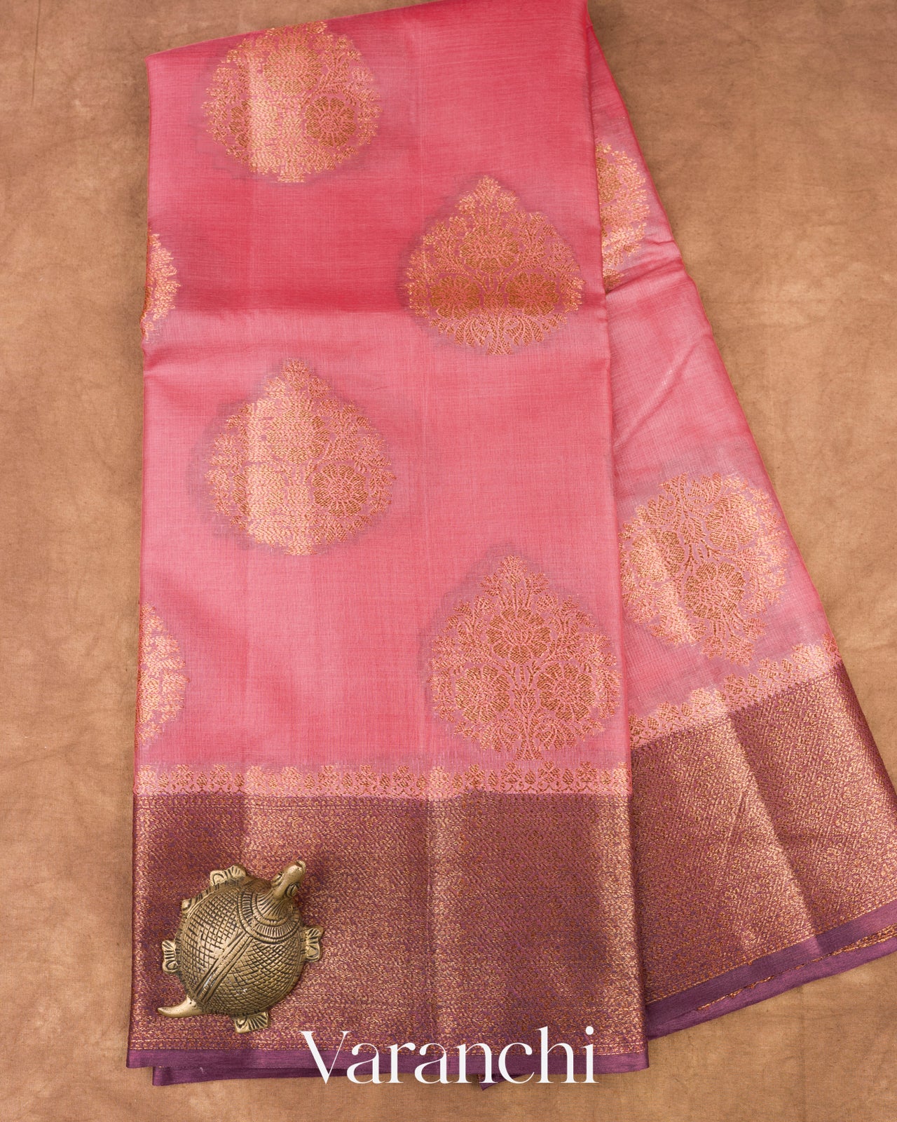 Coral Pink Pure Tussar Silk Saree