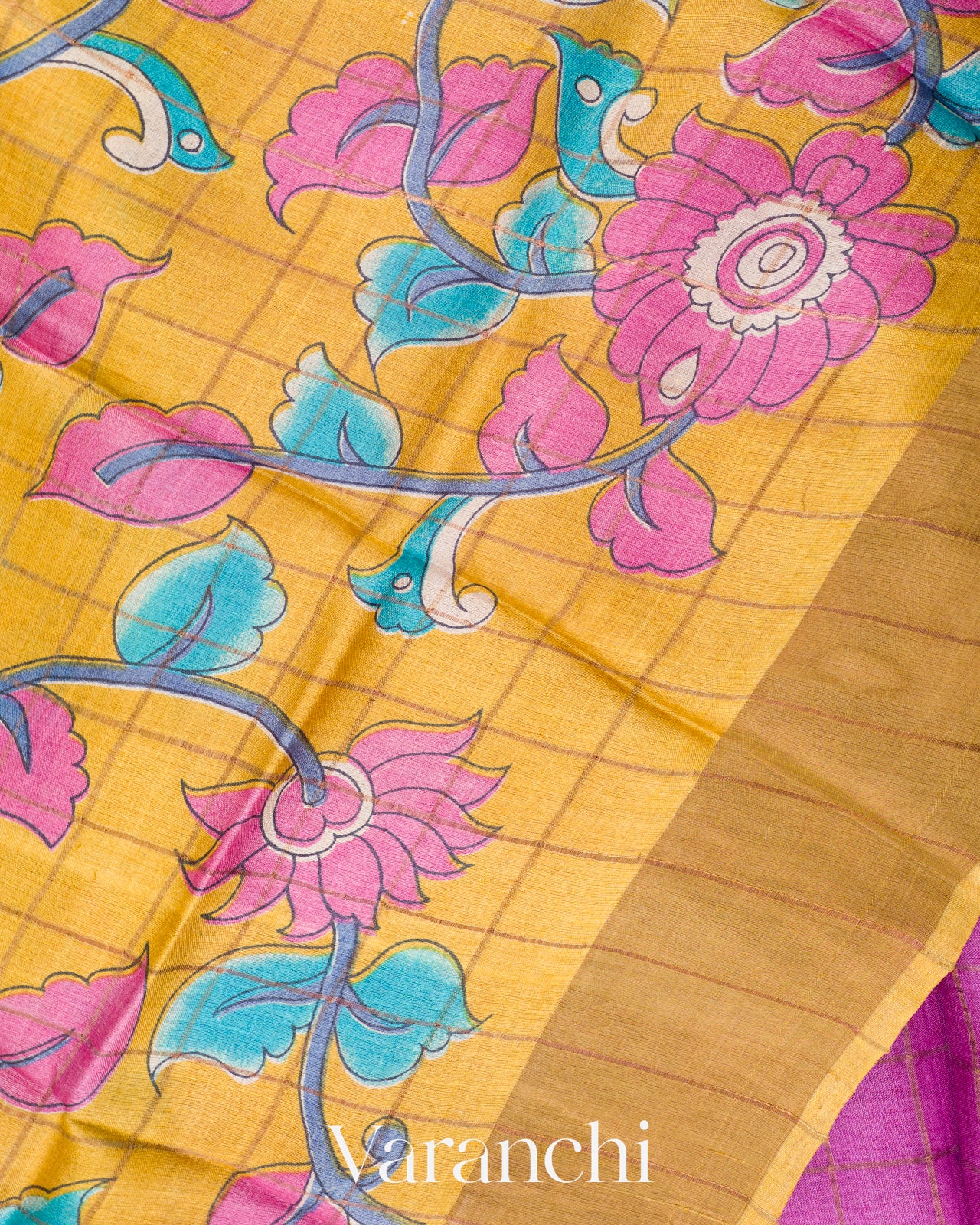 Deep Magenta Checks Pure Tussar Silk Saree