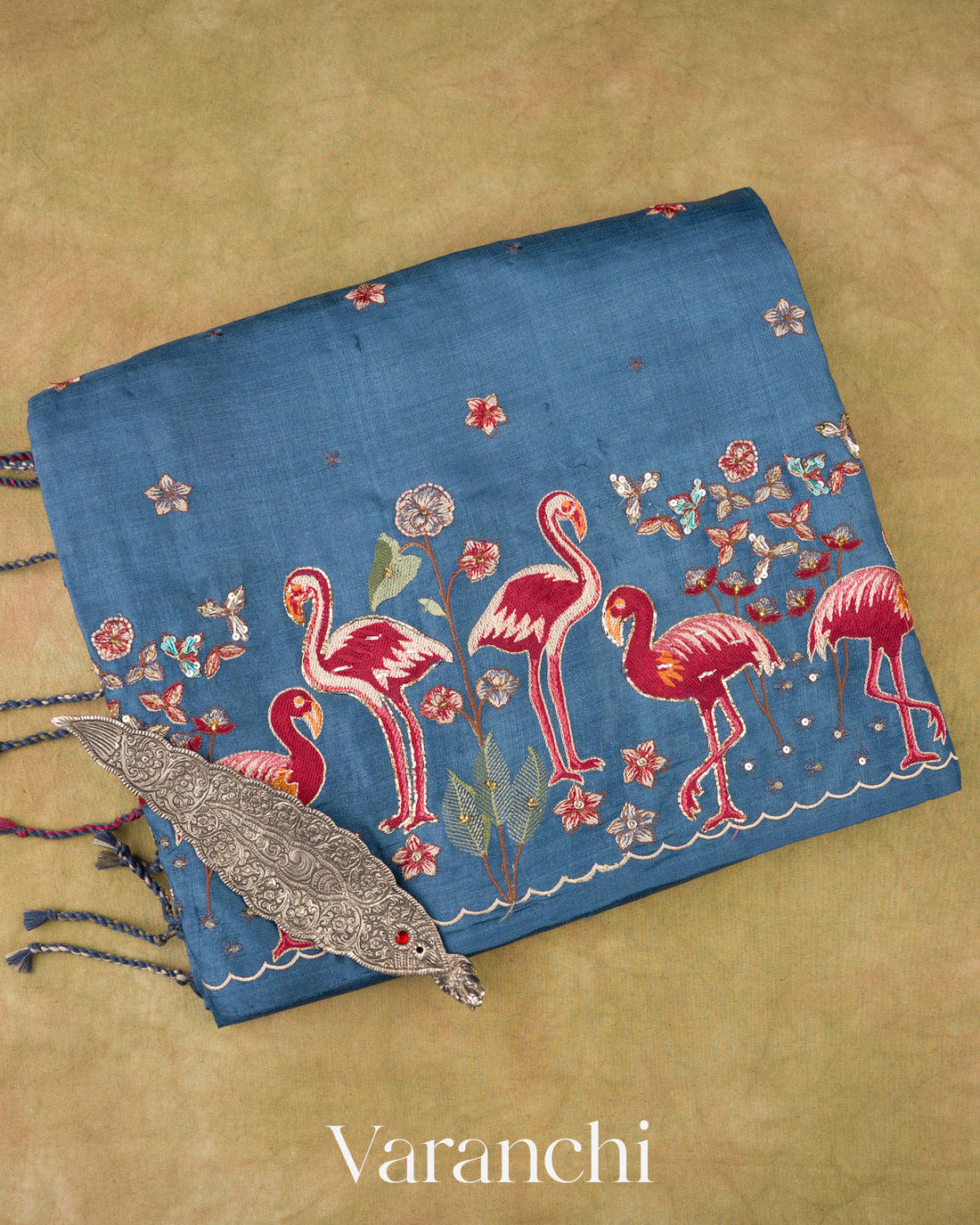 Denim Blue Embroidered Pure Tussar Silk Saree