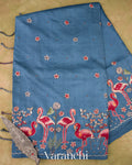 Denim Blue Embroidered Pure Tussar Silk Saree