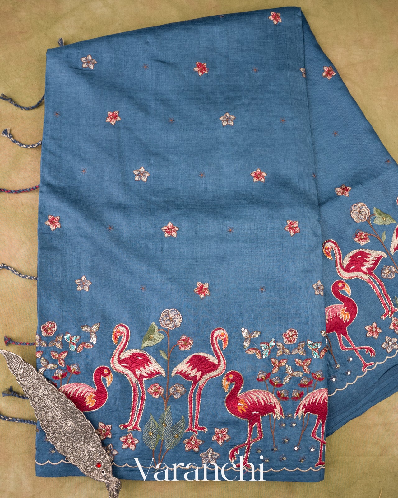 Denim Blue Embroidered Pure Tussar Silk Saree