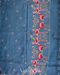 Denim Blue Embroidered Pure Tussar Silk Saree