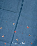 Denim Blue Embroidered Pure Tussar Silk Saree