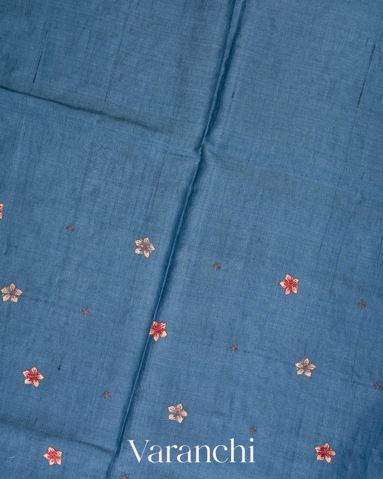 Denim Blue Embroidered Pure Tussar Silk Saree