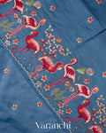 Denim Blue Embroidered Pure Tussar Silk Saree