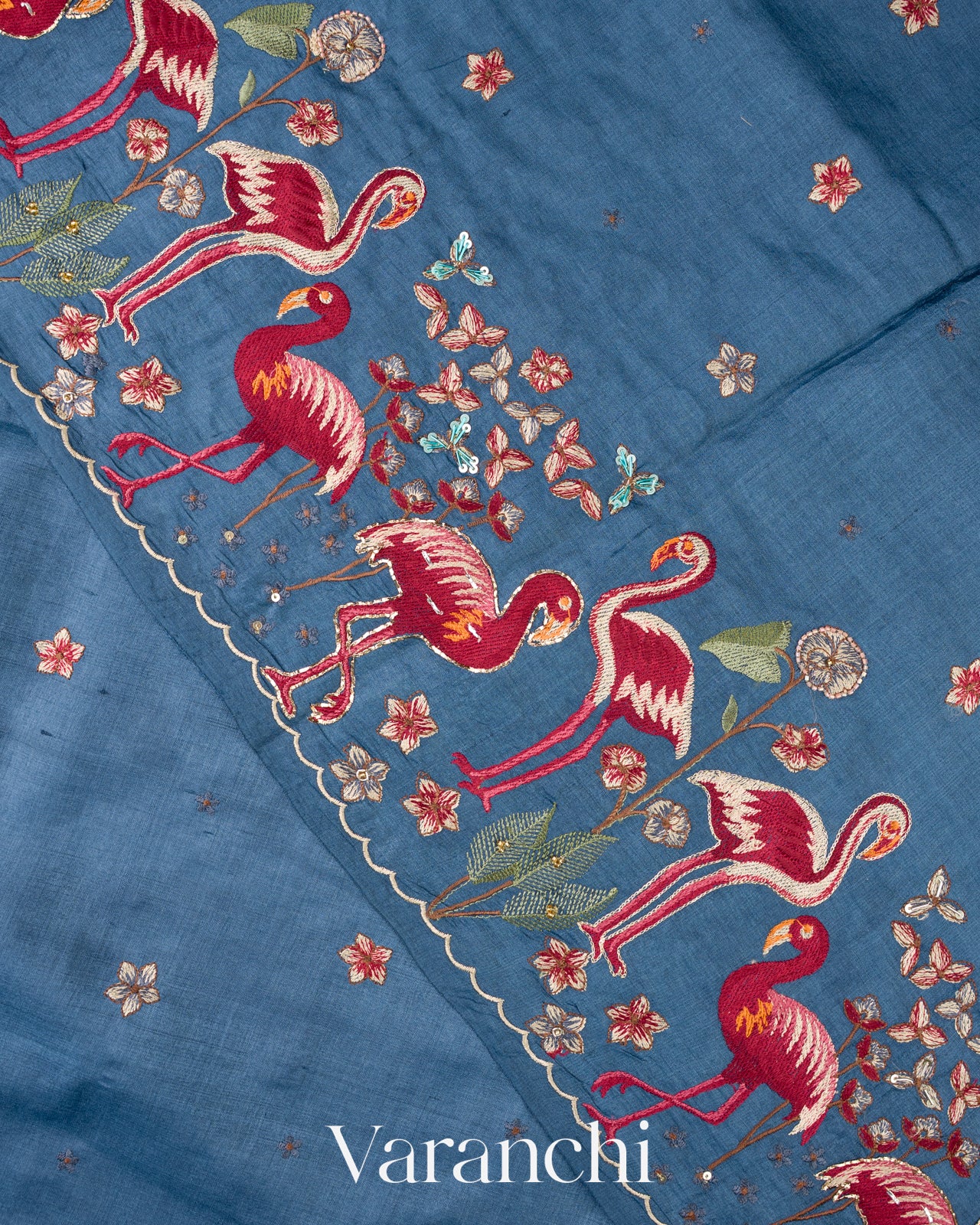 Denim Blue Embroidered Pure Tussar Silk Saree
