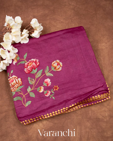 Magenta Purple Pure Tussar Silk with Embroidered Handloom Saree