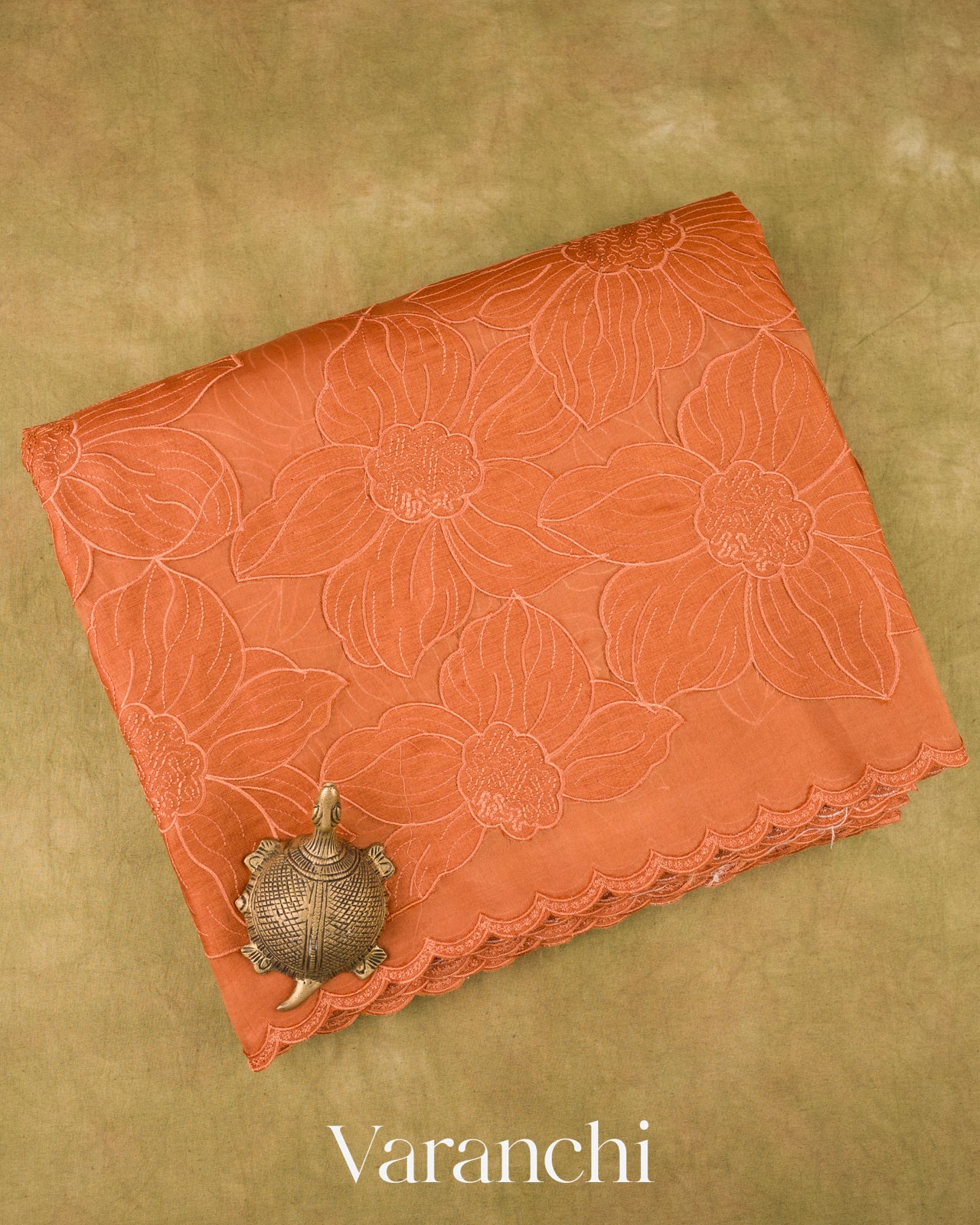 Rusted Orange Floral Applique Pure Kora Silk Saree
