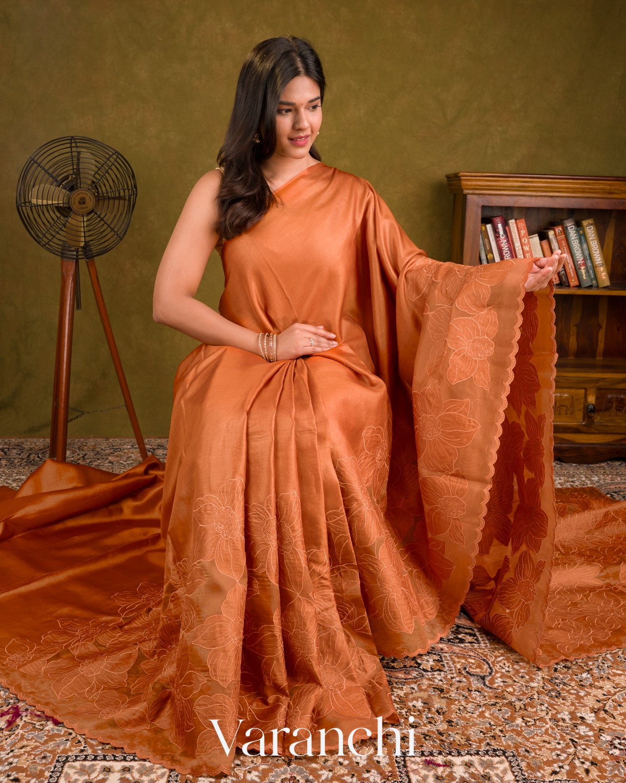 Rusted Orange Floral Applique Pure Kora Silk Saree