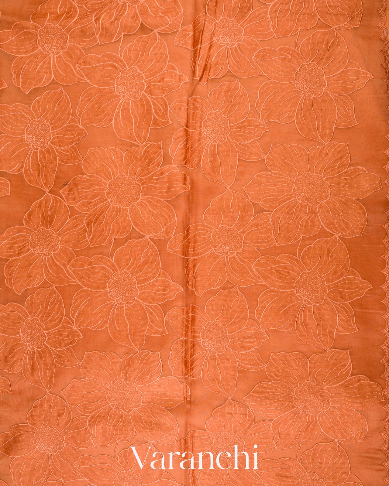 Rusted Orange Floral Applique Pure Kora Silk Saree