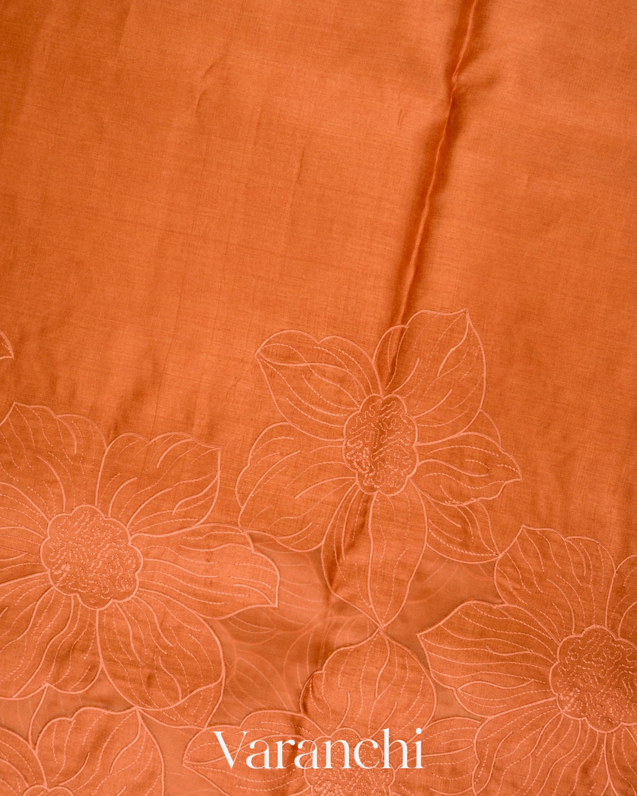 Rusted Orange Floral Applique Pure Kora Silk Saree