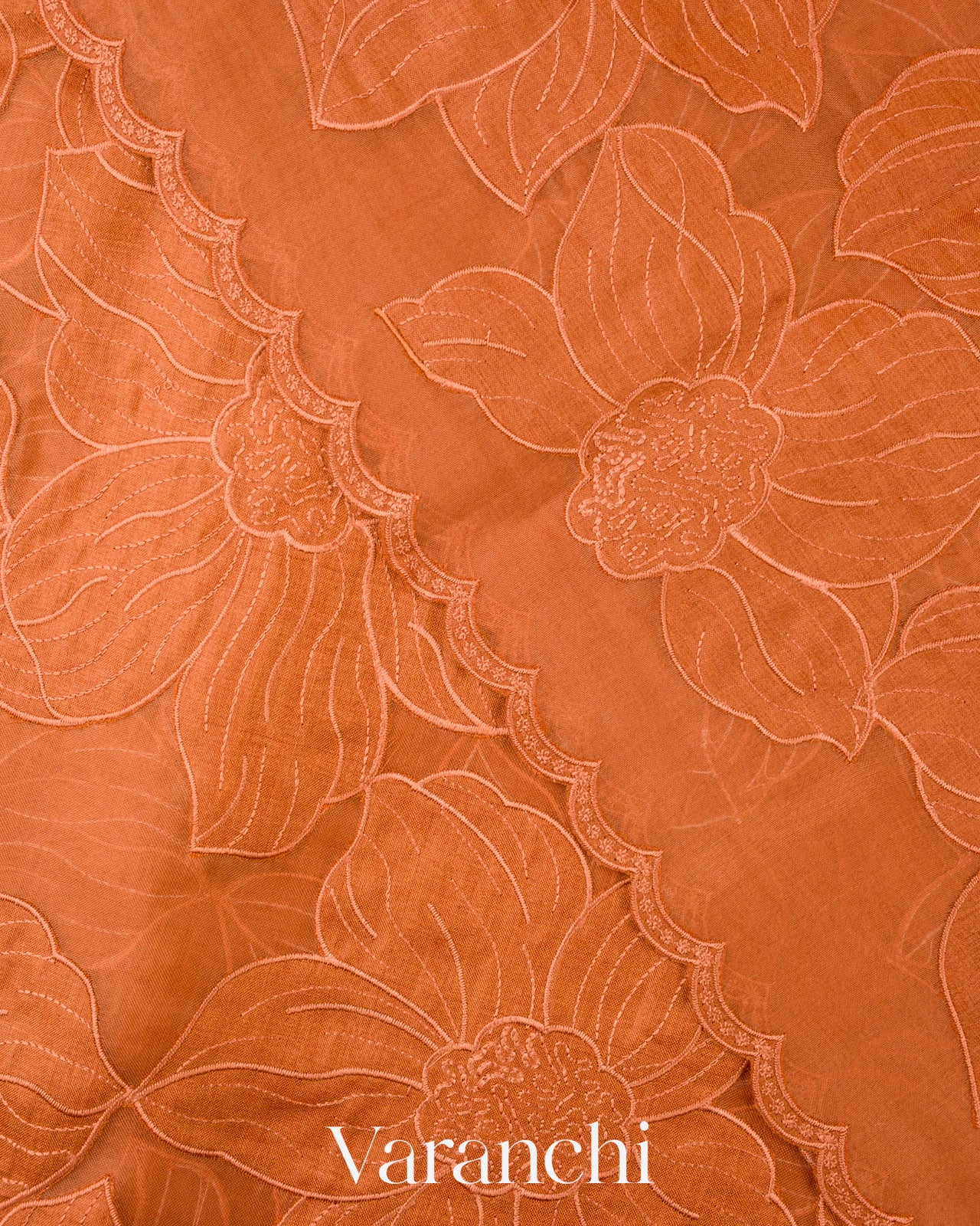 Rusted Orange Floral Applique Pure Kora Silk Saree